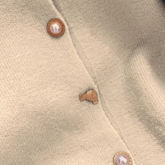 Cardigan Crew Neck Beaded Button Front Long Sleeve Apricot - Picture 5 of 5